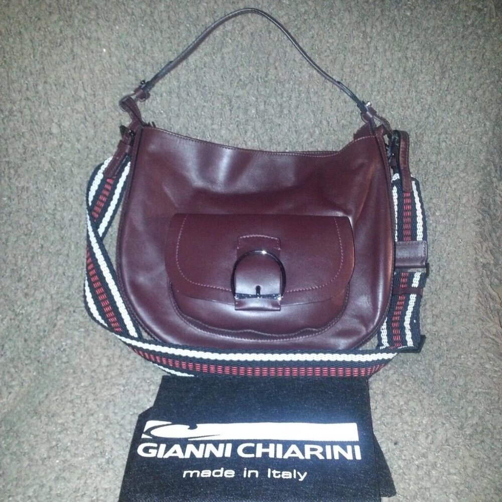 GIANNI CHIARINI-Maroon/Burgundy Leather w/Guitar Style Woven Crossbody Strap-NWT